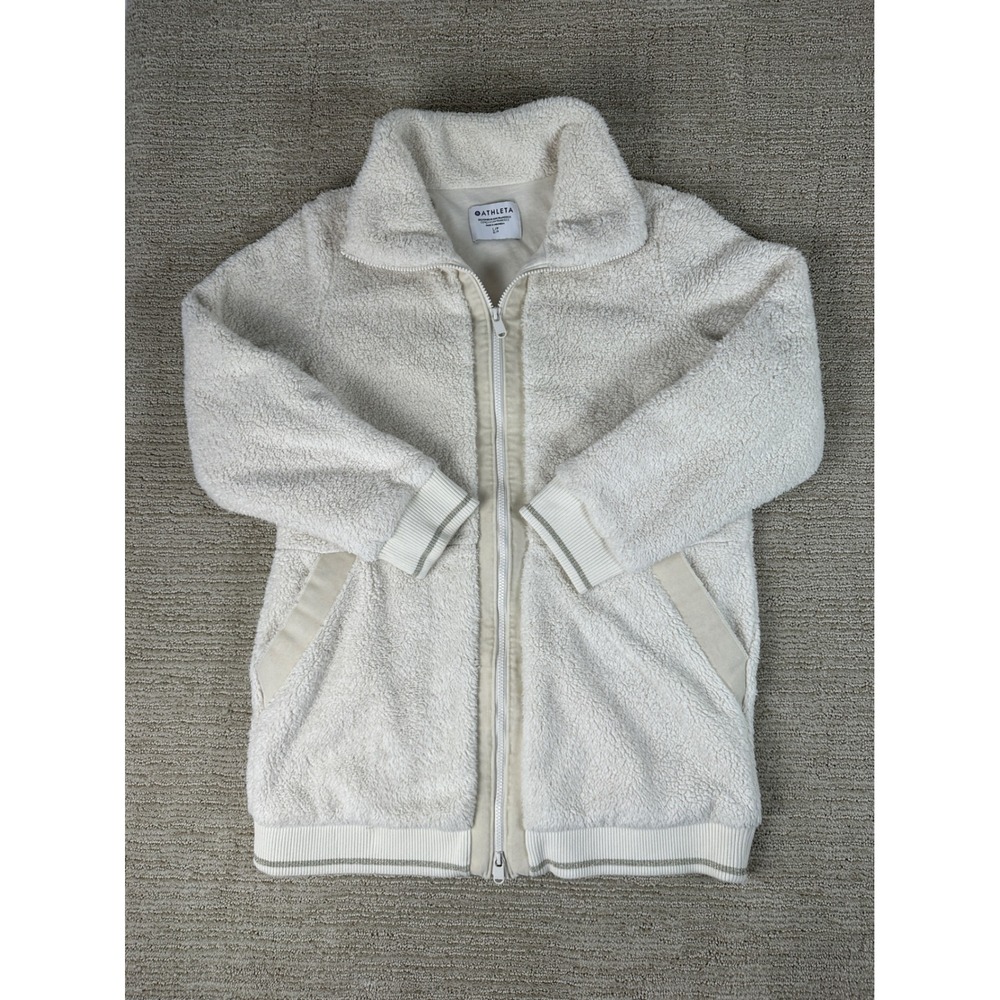 Athleta Womens Cream Sherpa Fleece Full Zip Jacket Metallic Trim Large Petite